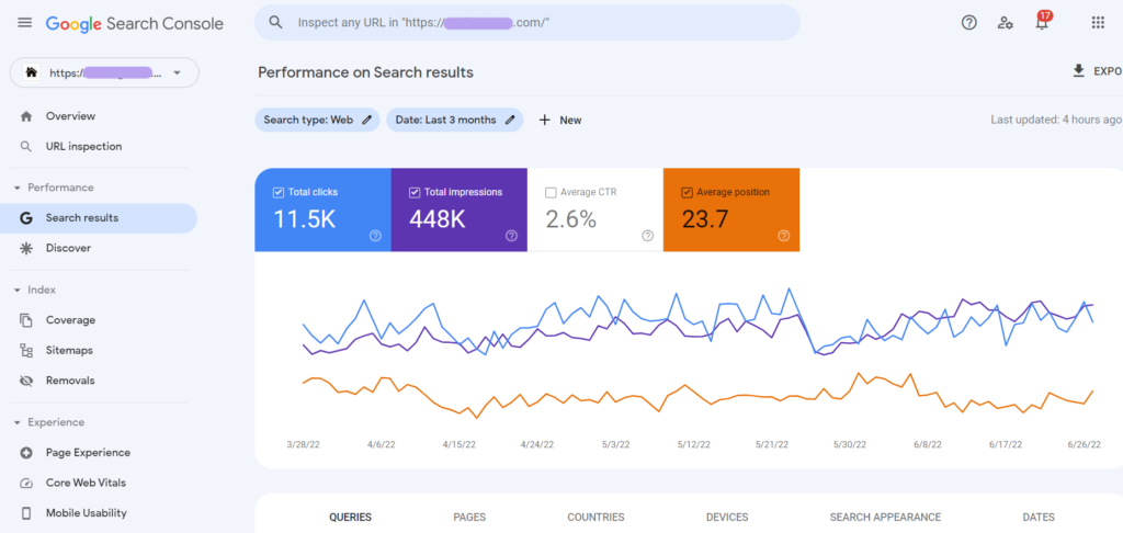 Google Search Console results — roofing client 3 month impressions and clicks